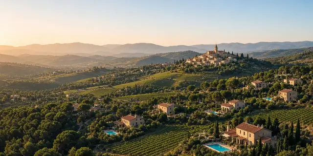 Paysage du Pays d'Aix : collines, vignes et pinèdes, villas avec piscine et village perché à l'horizon