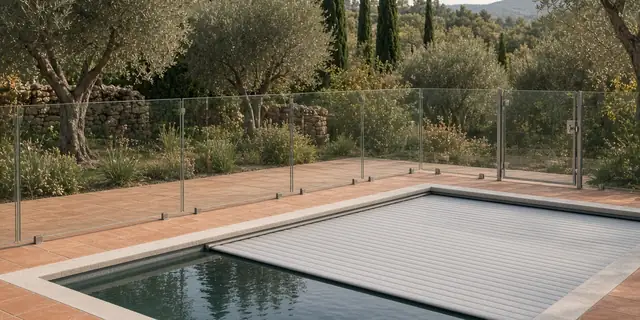 Piscine équipée d'un volet roulant à lames et d'une clôture de sécurité en verre, dans un jardin planté d'oliviers et de cyprès